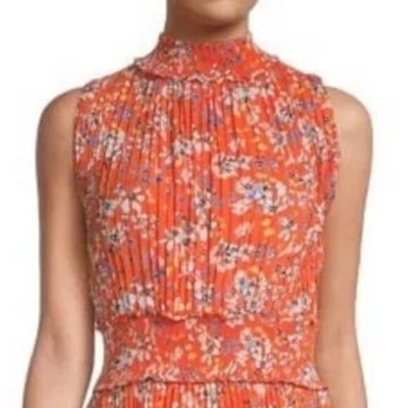 Nanette Lepore Orange Floral Allover Pleated Midi Dress Womens Size: 2- NWT - Picture 2 of 5